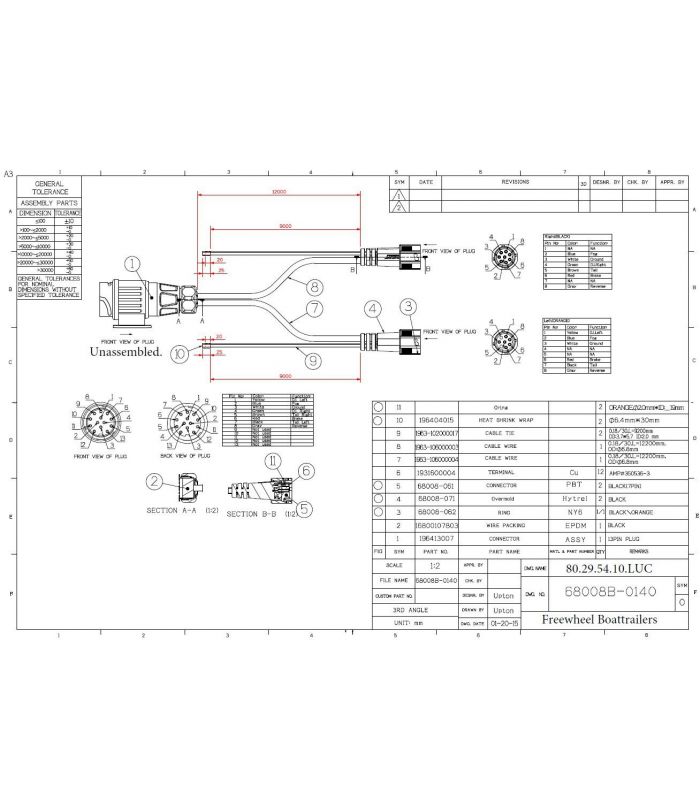 Kabelboom 12 mtr 13 polige stekker 9 mtr. platte aftakking voor boottrailers van 6 tot 12 Mtr. chassis lengte.